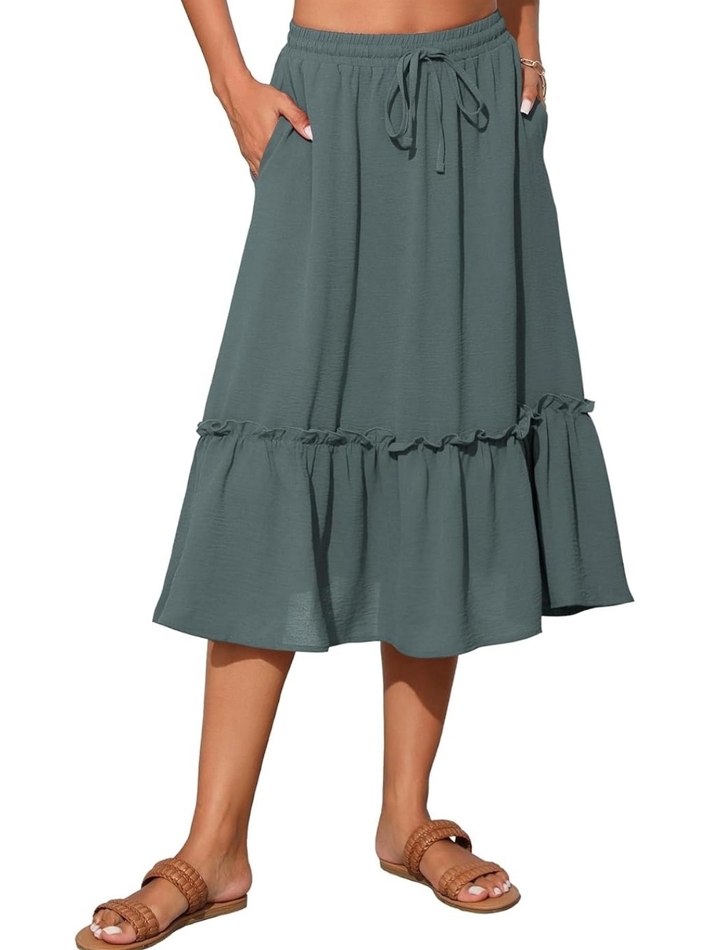 Drawstring Ruffle Midi Skirt in Teal
